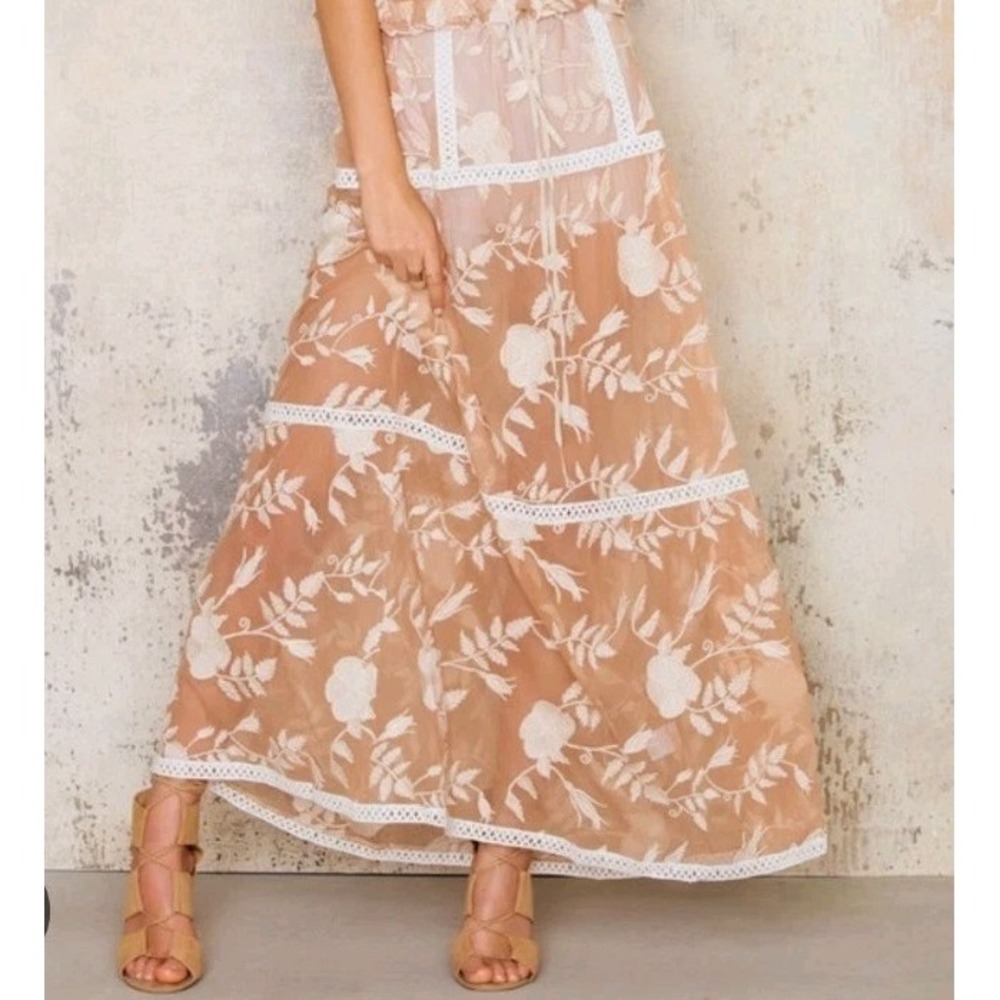 NWT For Love & Lemons Emelia Maxi Skirt S Nude Sheer Mesh ‎ Floral Embroidered
